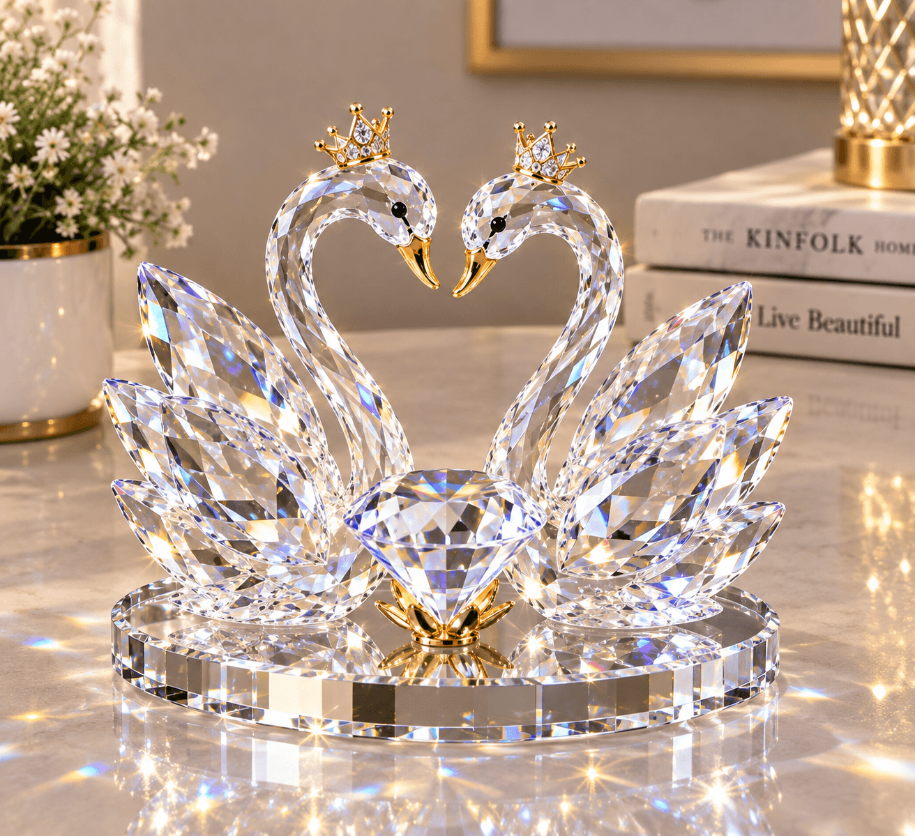 Crystal Love Swan Pair Showpiece with Faceted Diamond